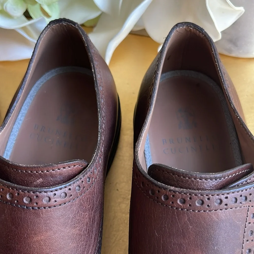 Brunello Cucinelli Brogue Wingtip Double Monk Strap Loafers in Brown Leather
